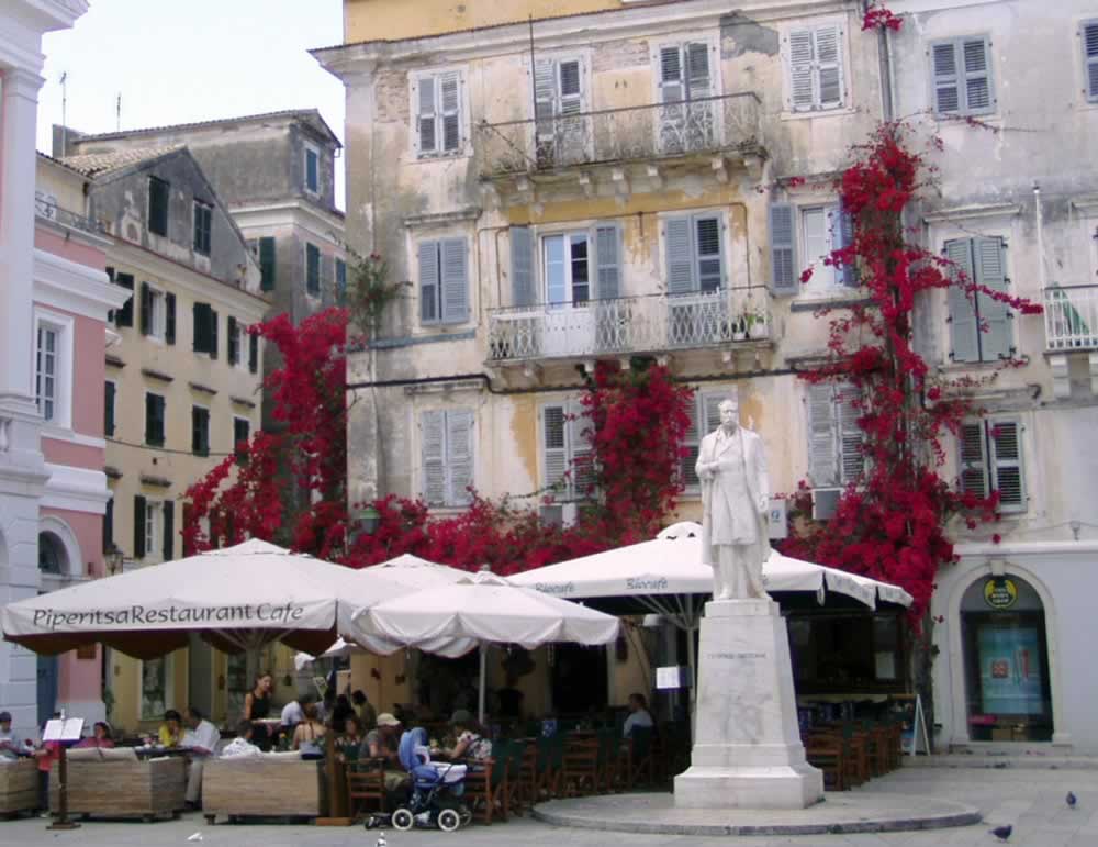 Flowers take over old building in Corfu, Greece