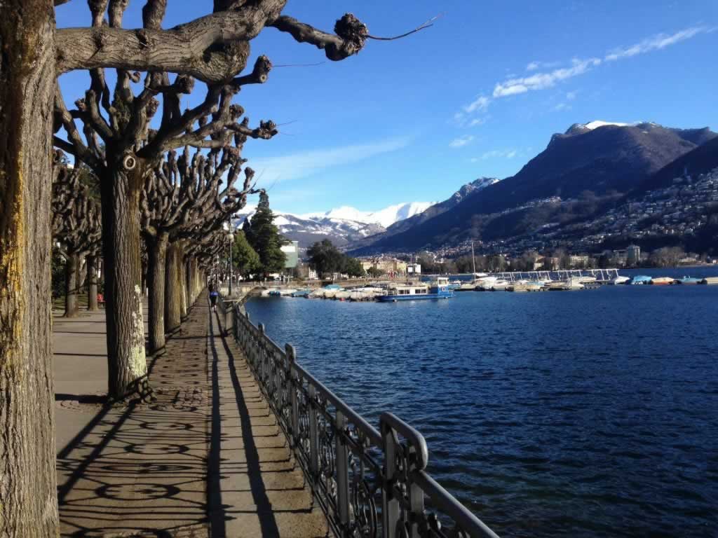 Lugano Switzerland lakefront promenade with trees