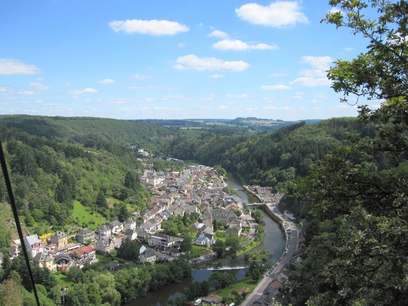 Vianden, Luxembourg, aerial view of the river with trees and houses