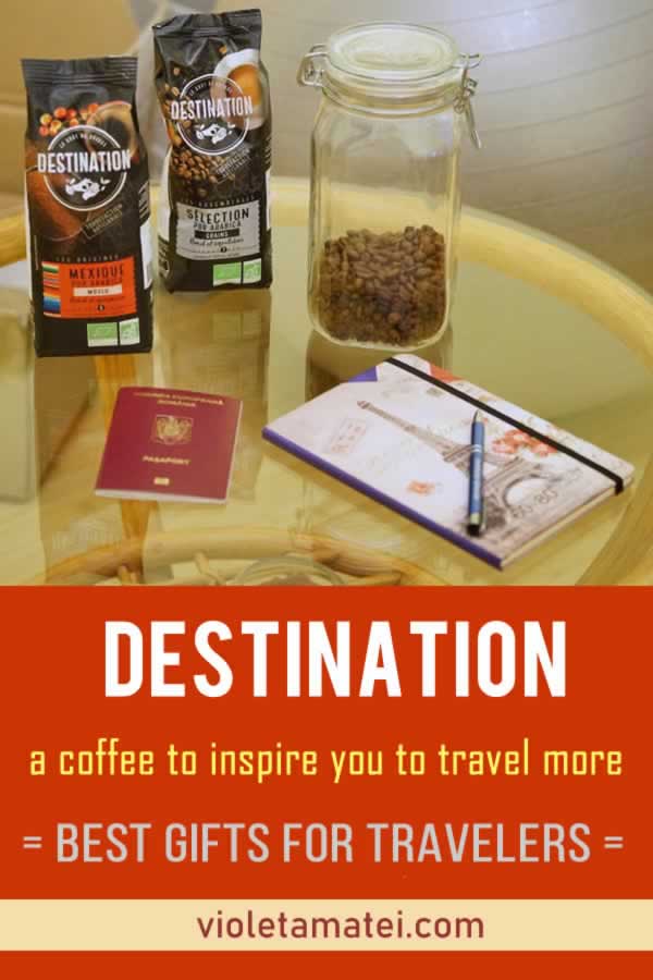 Best gift for travelers - a pack of Destination coffee and a themed notebook