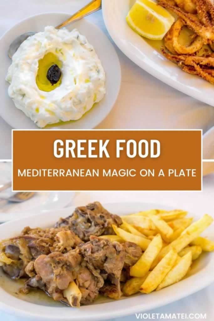 Greek food: tzatziki, rabbit and fried calamari